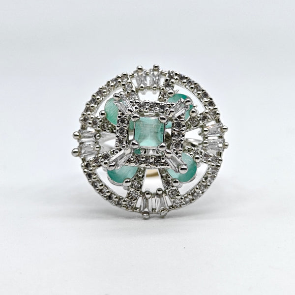 Silver-plated mint mosaic adjustable ring with mint-green stones and sparkling American diamond accents for women