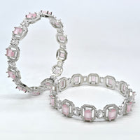Silver-plated American diamond bangles with pink emerald-cut stones and sparkling crystal accents for women