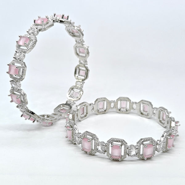 Silver-plated American diamond bangles with pink emerald-cut stones and sparkling crystal accents for women