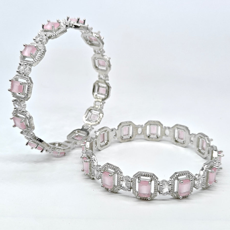 Silver-plated American diamond bangles with pink emerald-cut stones and sparkling crystal accents for women