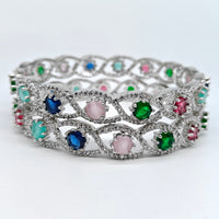 Silver-plated American diamond bangle with multicolor gemstone accents and sparkling crystal detailing for women