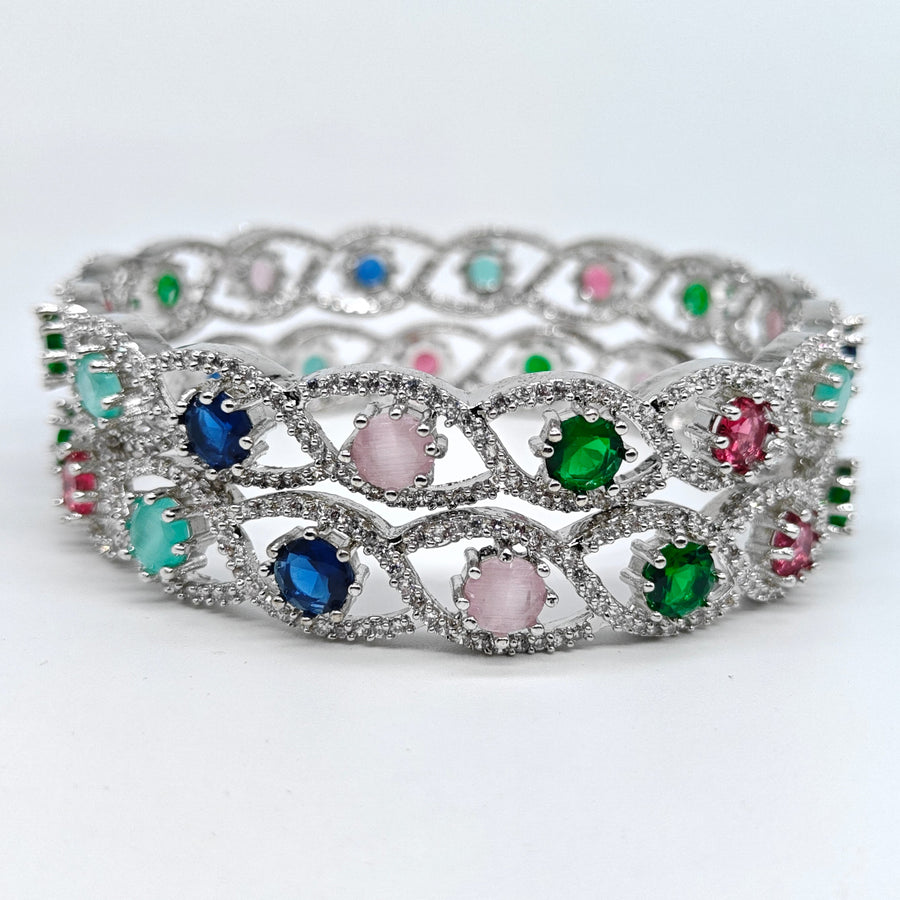 Silver-plated American diamond bangle with multicolor gemstone accents and sparkling crystal detailing for women
