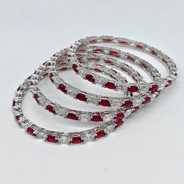Silver-plated ruby cascade American diamond bangle set with red stones and sparkling crystal accents for women