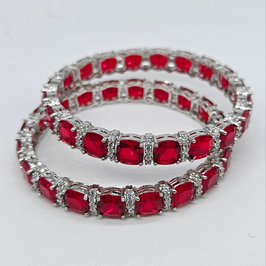 Silver-plated American diamond bangle with ruby red stones and sparkling crystal accents for women