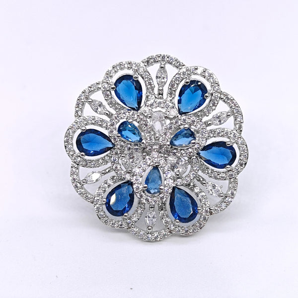 Silver-plated sapphire bloom adjustable ring with blue teardrop stones and sparkling crystal accents for women