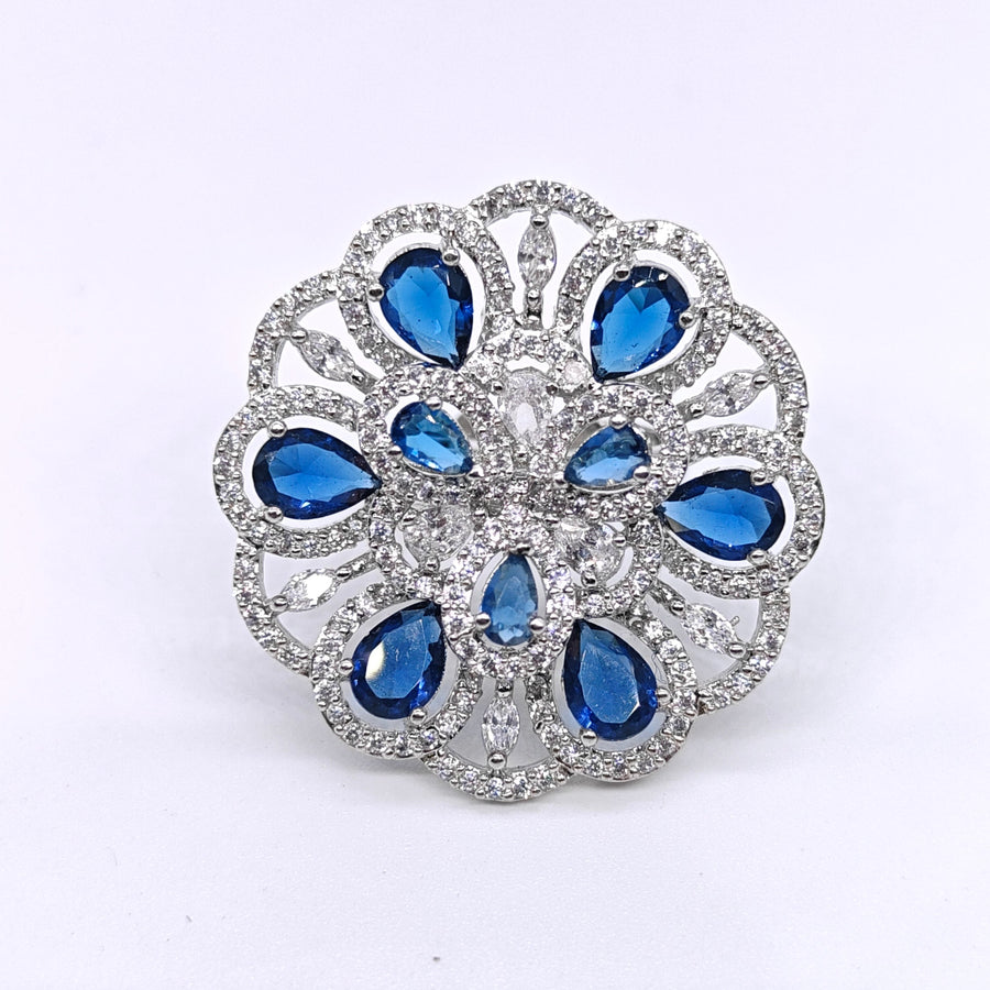 Silver-plated sapphire bloom adjustable ring with blue teardrop stones and sparkling crystal accents for women