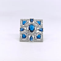 Silver-plated sapphire mosaic adjustable ring with blue gemstone accents and sparkling American diamonds for women