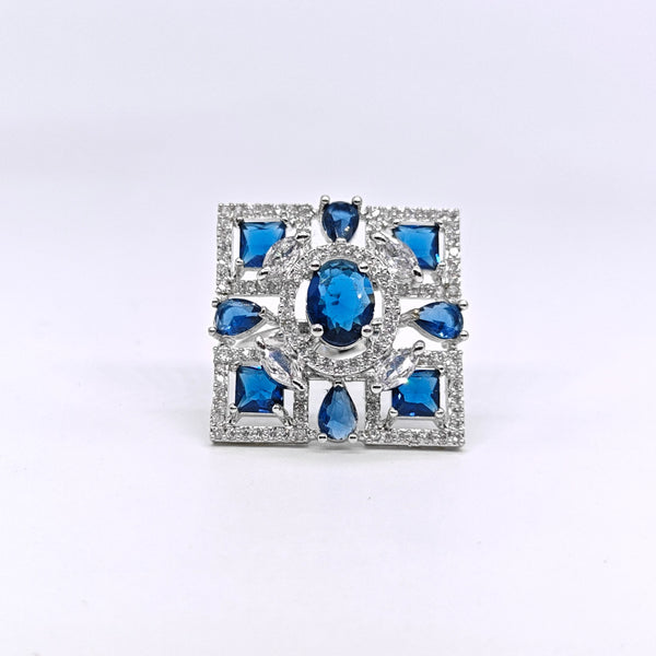 Silver-plated sapphire mosaic adjustable ring with blue gemstone accents and sparkling American diamonds for women