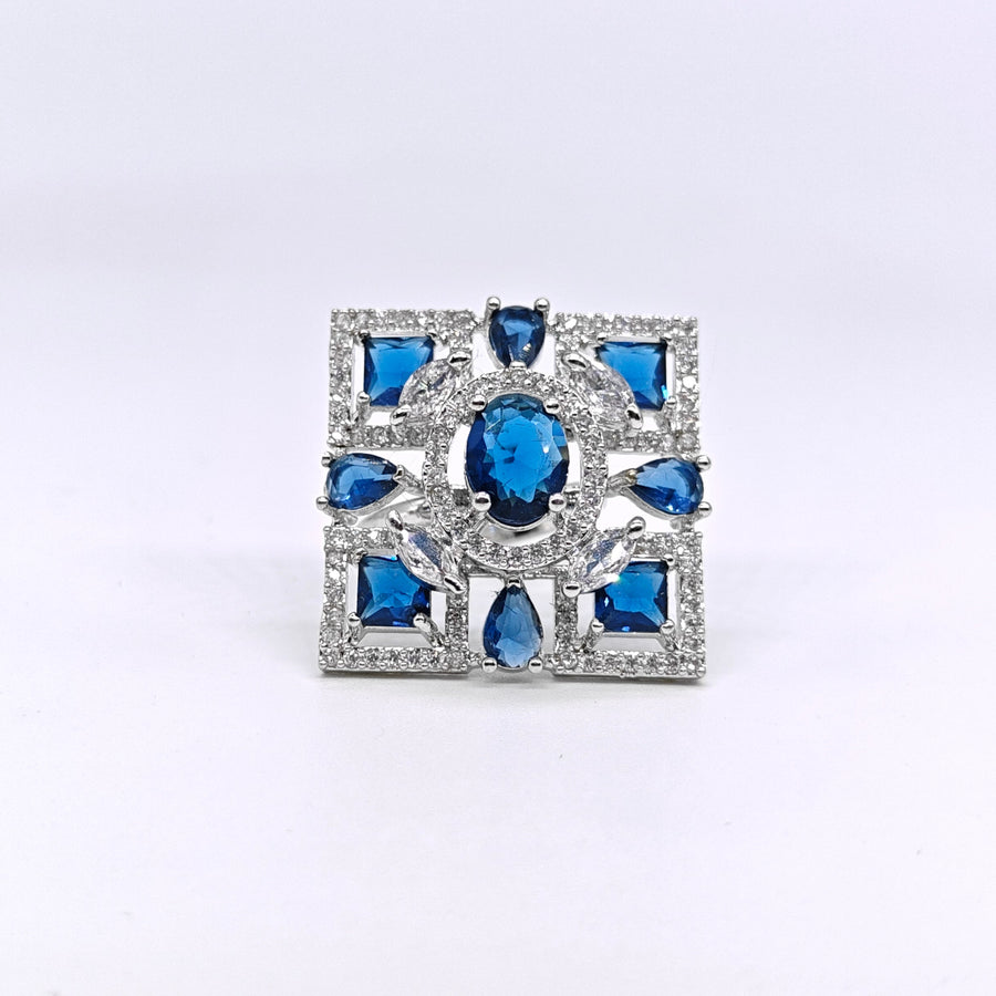Silver-plated sapphire mosaic adjustable ring with blue gemstone accents and sparkling American diamonds for women