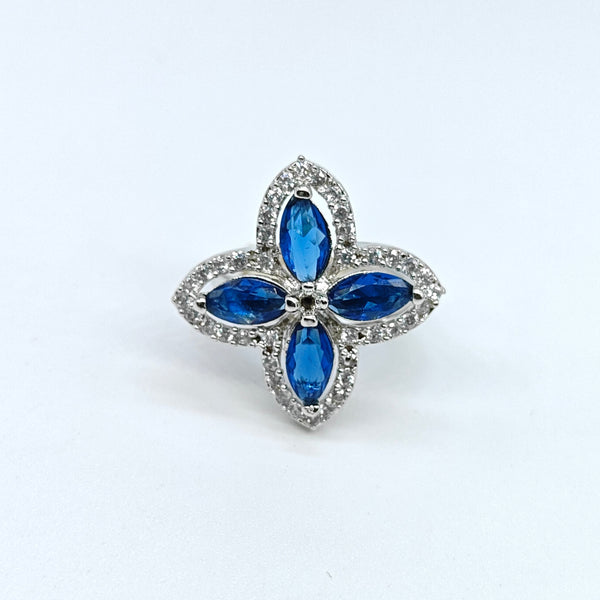 Silver-plated sapphire petal adjustable ring with blue marquise stones and sparkling crystal accents for women