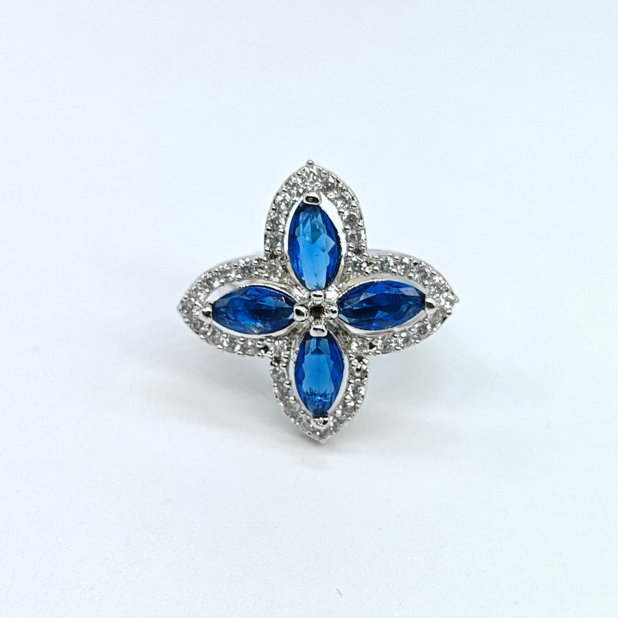 Silver-plated sapphire petal adjustable ring with blue marquise stones and sparkling crystal accents for women