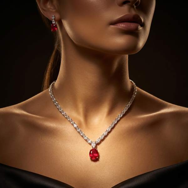 Close-up of a woman wearing a diamond necklace with a red gemstone on a dark background